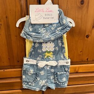 Little Lass Denim Overalls with Floral Print and Bucket Hat